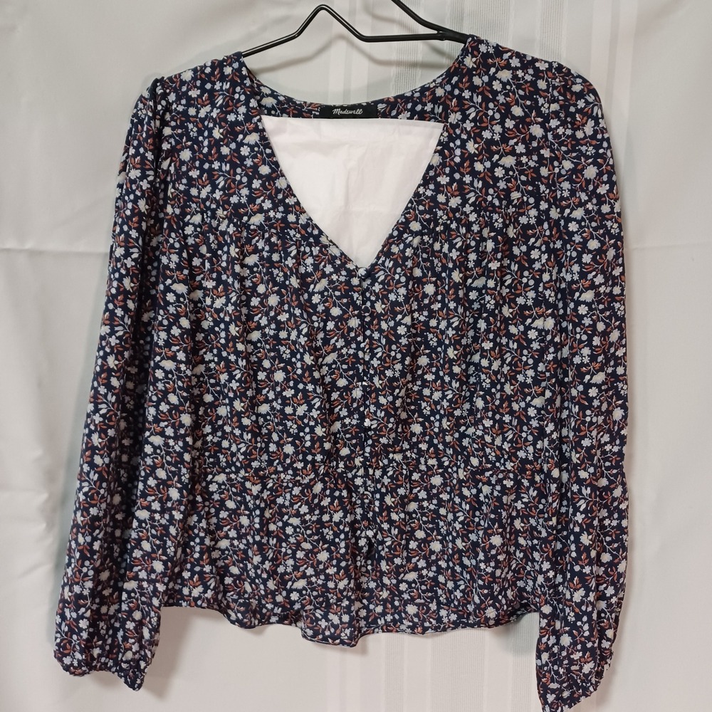 Madewell Floral V-Neck Peplum Top Navy Blue Long Sleeve Blouse MA686 Small